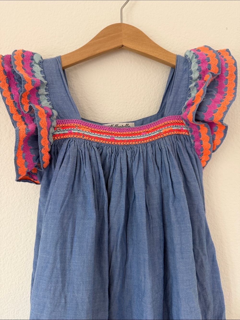 Nellystella Blue Chambray Cotton Lined Dress Pink/Orange Enbroidery girls size 6